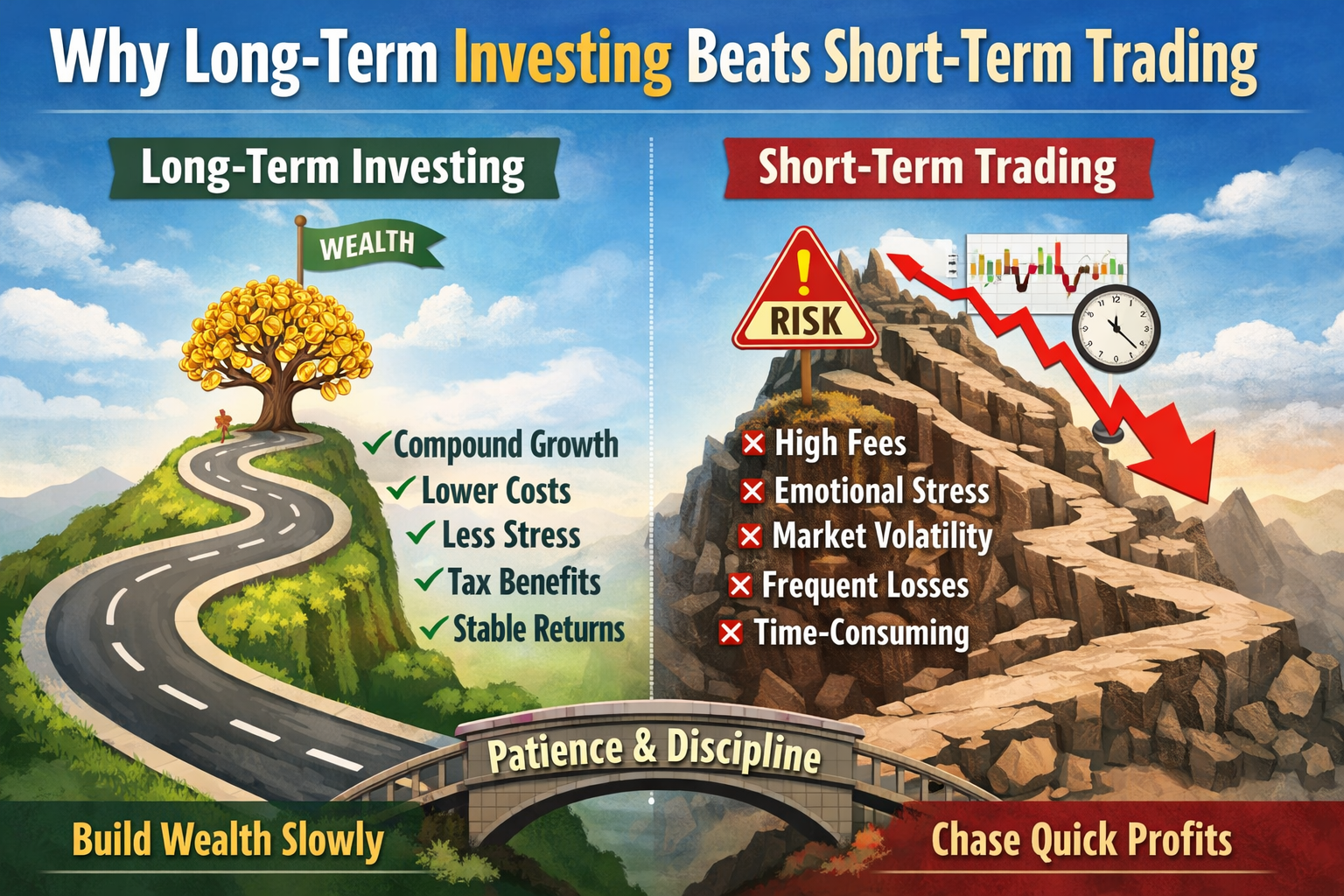 Why Long-Term Investing Beats Short-Term Trading – benefits of compounding, lower risk, and steady wealth growth